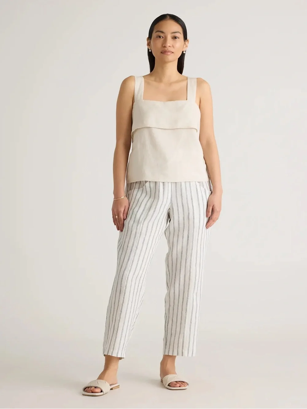 Quince 100% European Linen Stripe Pull-On Pants White Black XS Coastal